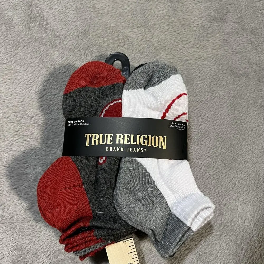 True Religion Socks Boys Size 6-8.5 White Gray Red Half Cushion Quarter 10 Pack